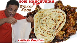 Gobi Manchurian Dry Served with Lacha Paratha Street Food  Cauliflower Manchurian Gravy [upl. by Kaliski]