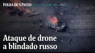 Imagens aéreas mostram ataque de drone ucraniano a blindado russo  CENAS DA GUERRA [upl. by Ettelloc]