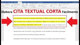 CÓMO HACER UNA CITA TEXTUAL CORTA  MUESTRO EJEMPLO  NORMAS APA [upl. by Acnoib]