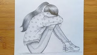 Draw Alone girl with pencil sketch How to draw a Sad Girl Step by step [upl. by Vadnee]