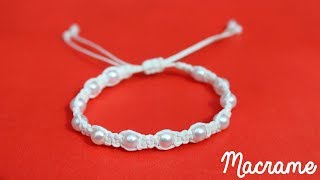 Como hacer una Pulsera de hilo simple con perlas✧ NUDO PLANO Macrame [upl. by Aikemaj]