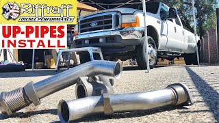 2001 F350 73  RiffRaff UpPipes Install  Stock up pipes leaking and falling apart JUNK SP [upl. by Calendra]