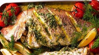 Whole Baked Fish  Herb Stuffed with Garlic Butter Dill Sauce [upl. by Eulau]