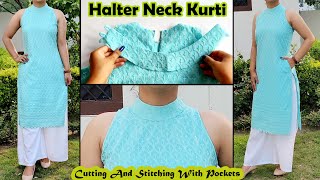 Halter Neck Kurti With Pocket  Cutting And Stitching  English Subtitles  Stitch By Stitch [upl. by Willabella]