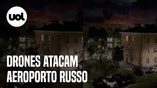 Guerra da Ucrânia Drones atacam aeroporto na Rússia [upl. by Anairuy]