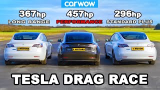 Tesla Model 3 DRAG RACE Performance v Long Range v Standard Plus [upl. by Aven]