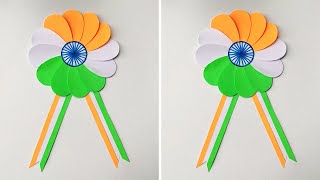 DIY  Independence Day Craft Ideas  Tricolour Flower Badge  Indian Flag Paper Badge Making [upl. by Einnhoj246]