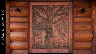 Hand Carved Log Cabin Door Natural Hand Carving [upl. by Oludoet943]