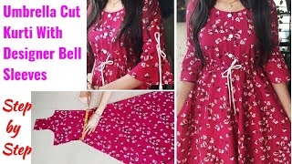 DIY Umbrella Cut Weist Tie With Designer Bell Sleeves Kurti Cutting and Stitching  Kurti Cutting [upl. by Aztiray]