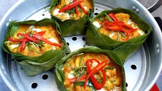 របៀបធ្វើអាម៉ុកត្រី  How to make Amok Fish  Asian Food  Samphos Cooking Food [upl. by Hannavas]