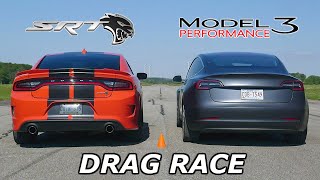 DRAG RACE  Dodge Charger SRT Hellcat vs Tesla Model 3 Performance  Throttle House Track Series [upl. by Ramgad]